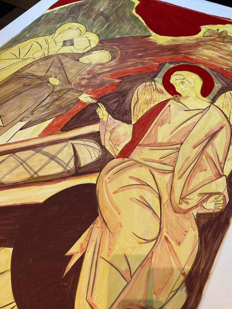Progress updates on the Myrrh Bearing Women Icon being completed by students of the Trinity Iconography Institute.